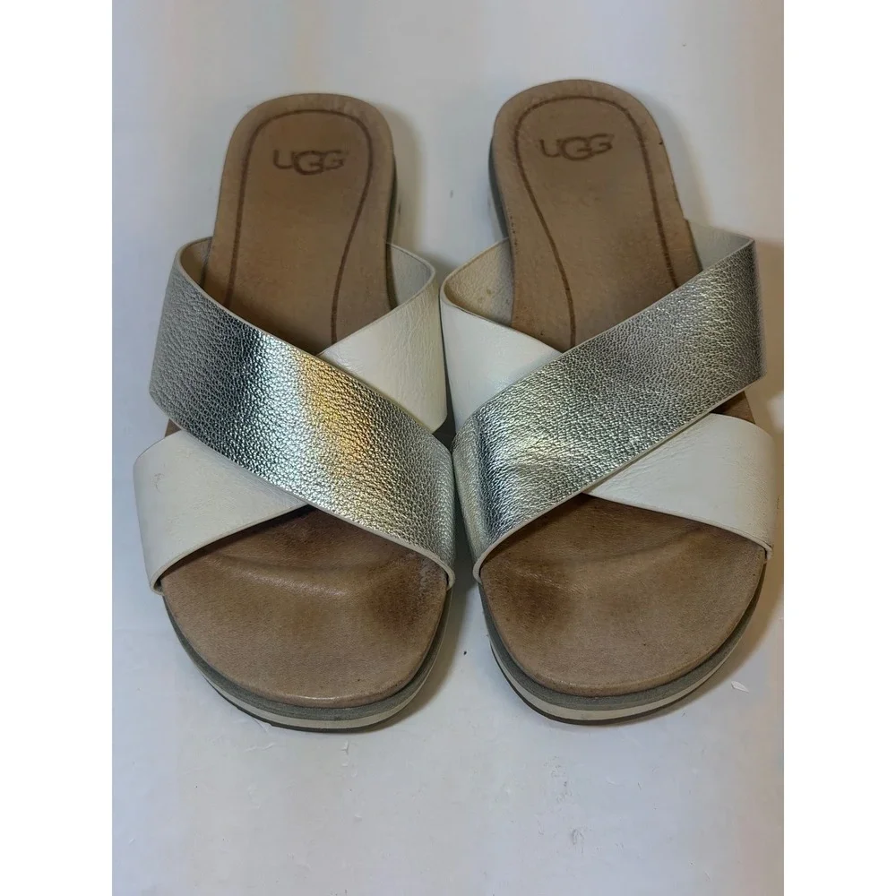 UGG Kari Metallic Silver Cream Leather Crisscross Slide Sandals 1018901 Womens 8